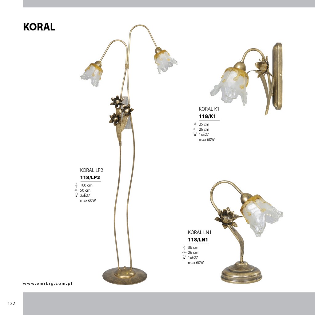 KORAL LN1 118/LN1 klasyczna lampka nocna kwiatowy motyw, szklany klosz